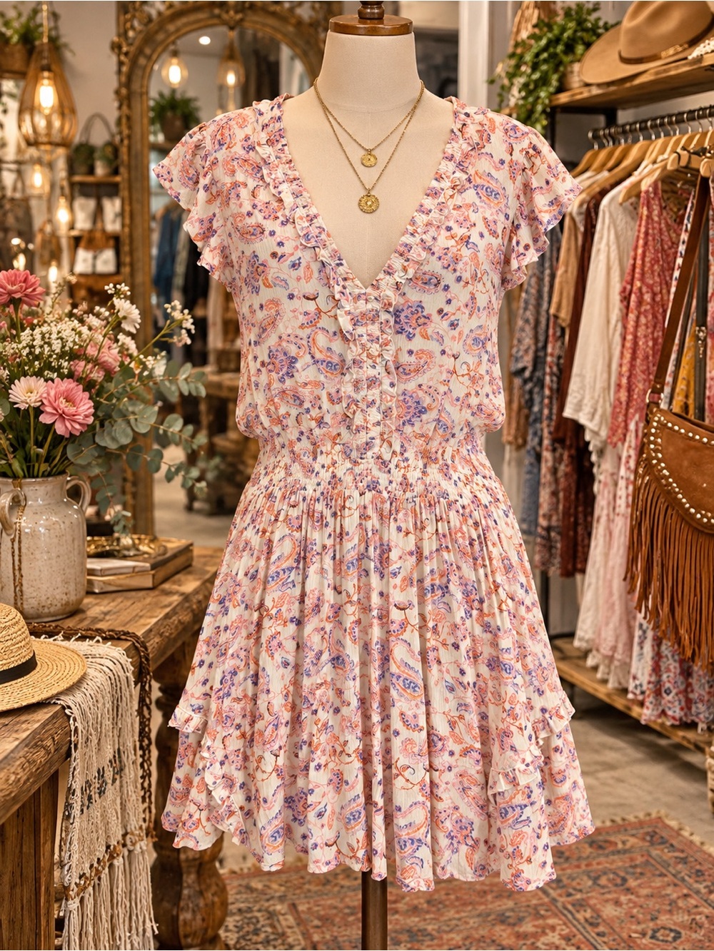Jessica Simpson Crepe Floral Ruffle V-Neck Dress